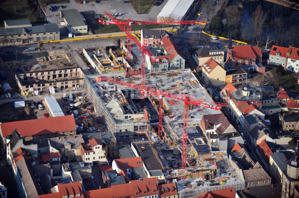 Aerial image Wittenberg - View of the construction site of the shopping center Arsenal between the Arsenal square and the market place in the inner city of Wittenberg. Project developers are MIB AG and the OFB Development GmbH. The completion is scheduled for autumn 2012