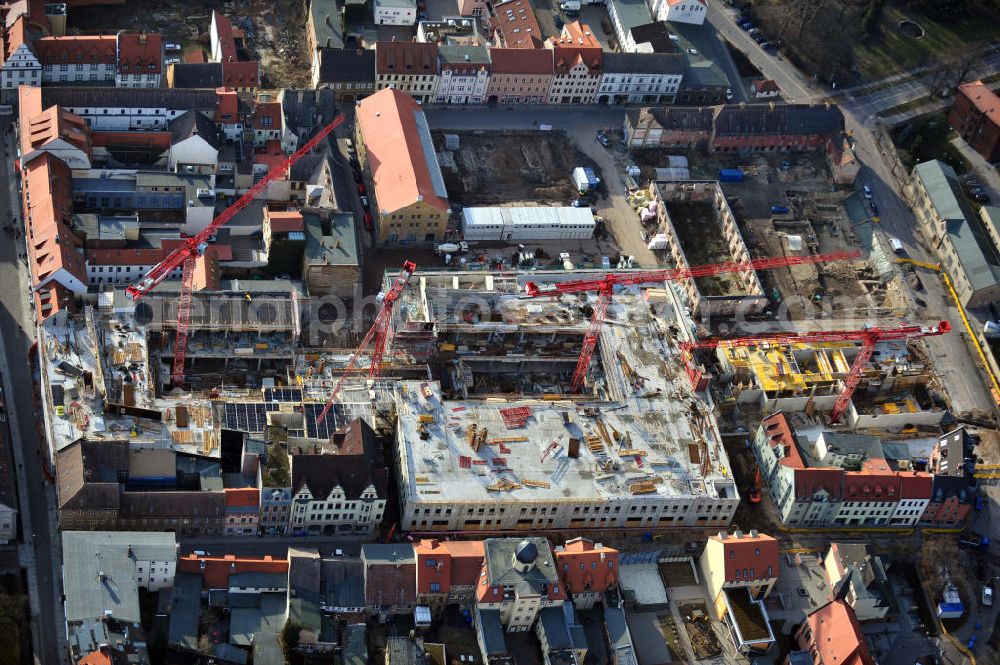 Aerial image Wittenberg - View of the construction site of the shopping center Arsenal between the Arsenal square and the market place in the inner city of Wittenberg. Project developers are MIB AG and the OFB Development GmbH. The completion is scheduled for autumn 2012