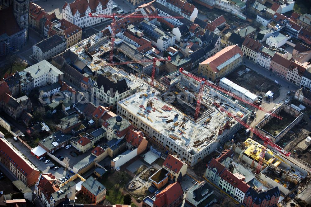 Wittenberg from above - View of the construction site of the shopping center Arsenal between the Arsenal square and the market place in the inner city of Wittenberg. Project developers are MIB AG and the OFB Development GmbH. The completion is scheduled for autumn 2012