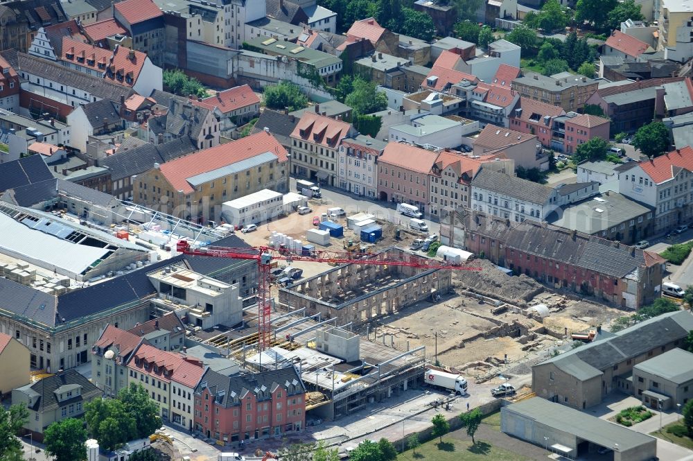 Wittenberg from above - View of the construction site of the shopping center Arsenal between the Arsenal square and the market place in the inner city of Wittenberg. Project developers are MIB AG and the OFB Development GmbH. The completion is scheduled for autumn 2012