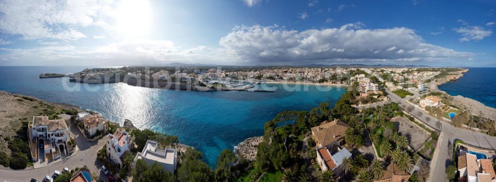 Aerial photograph Porto Cristo - View at the port of the town Porto Cristo, which is affected by tourism. It is located at the east coast of the Mallorca island in the Llevan region