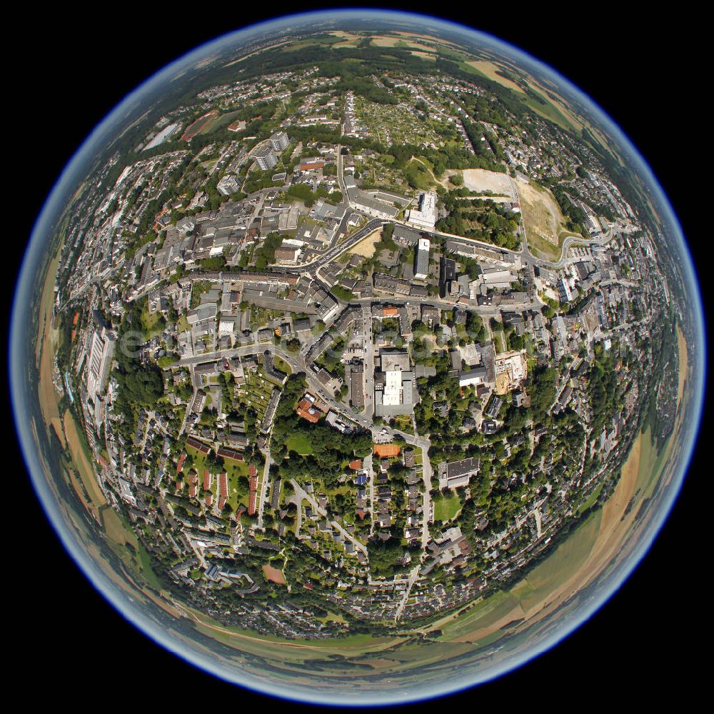 HEILIGENHAUS from above - Fish-eye view of the main street in the inner city of Heiligenhaus, a town in the north of Mettmann county