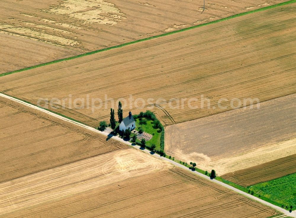 Aerial photograph Mertloch - The chapel is located outside the village Mertloch. The chapel is surrounded by farmland. An evergreen hedge surrounds the small area. The chapel is reached by a road, dirt road