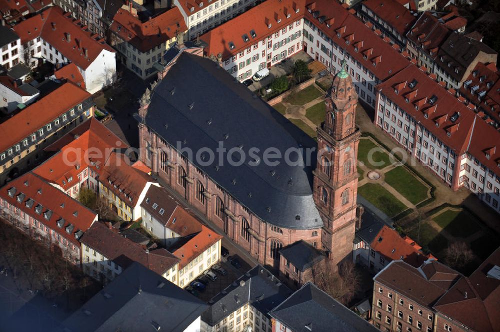 Heidelberg from above - View of the Heiliggeist Church in Old Heidelberg. The Gothic church was built of red sandstone and has a Baroque roof with a cupola. Since 1936, the church belongs to the Evangelical Church in Baden