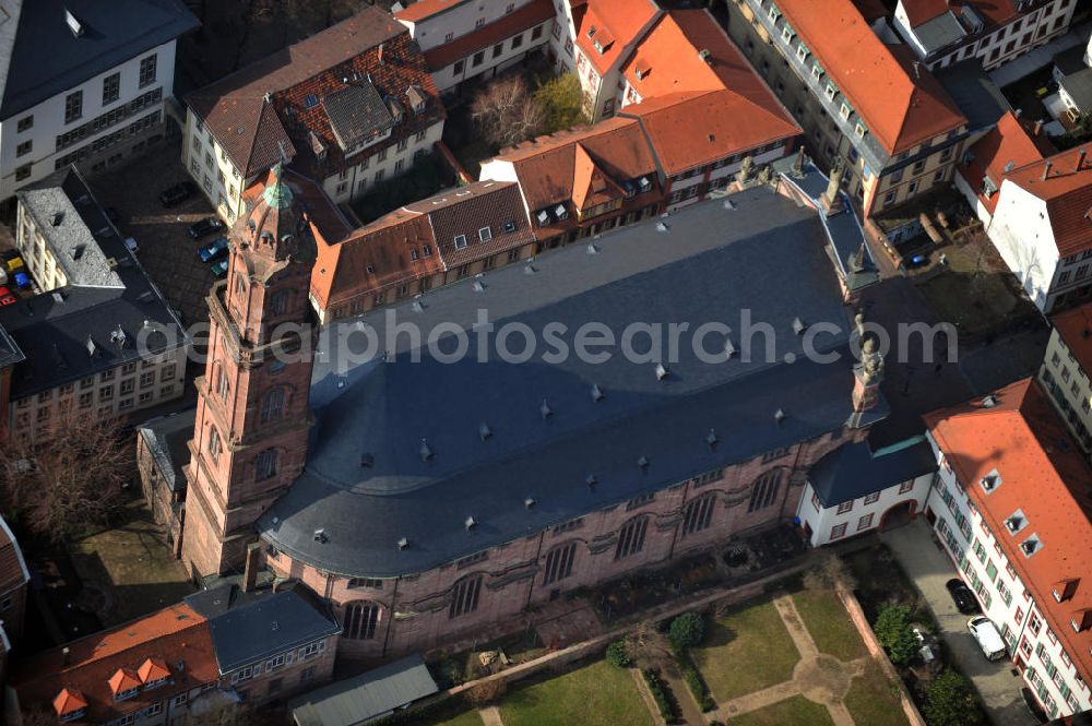 Heidelberg from above - View of the Heiliggeist Church in Old Heidelberg. The Gothic church was built of red sandstone and has a Baroque roof with a cupola. Since 1936, the church belongs to the Evangelical Church in Baden