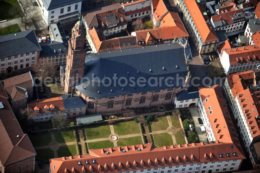 Heidelberg from the bird's eye view: View of the Heiliggeist Church in Old Heidelberg. The Gothic church was built of red sandstone and has a Baroque roof with a cupola. Since 1936, the church belongs to the Evangelical Church in Baden