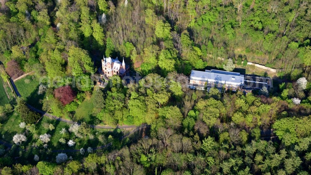 Königswinter from above - The Hirschburg in Koenigswinter in the state North Rhine-Westphalia, Germany serves as a conference venue for the telecommunications company Vodafone