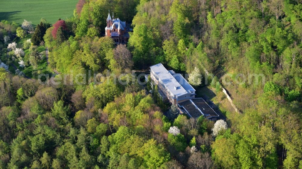 Königswinter from above - The Hirschburg in Koenigswinter in the state North Rhine-Westphalia, Germany serves as a conference venue for the telecommunications company Vodafone