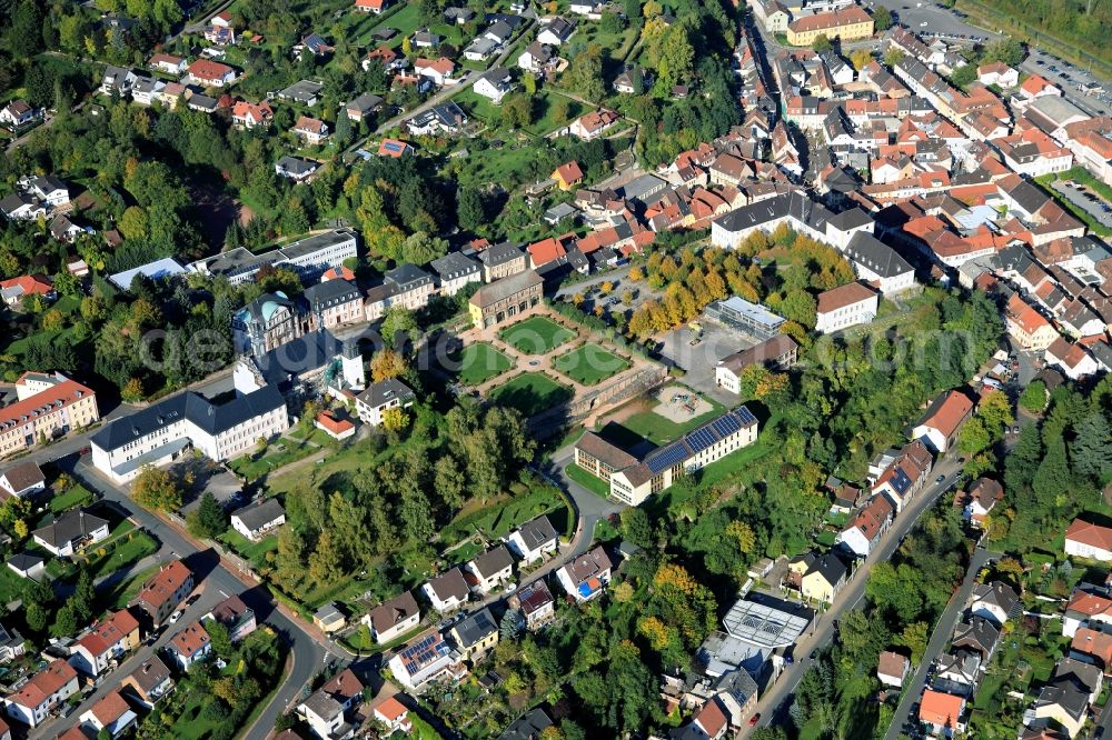 Blieskastel from the bird's eye view: The historic town centre of Blieskastel in the state of Saarland. The town has been in place since the 11th century. The historic old town includes the city hall and the Hercules and Napoleon fountains. Most of the buildings stem from the baroque. In the middle, the former castle hill is sitting above the other parts