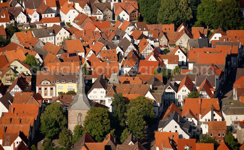 Aerial image Blomberg - The inner city of Blomberg in North Rhine-Westphalia with the belfry of the Martini church, that was teared off