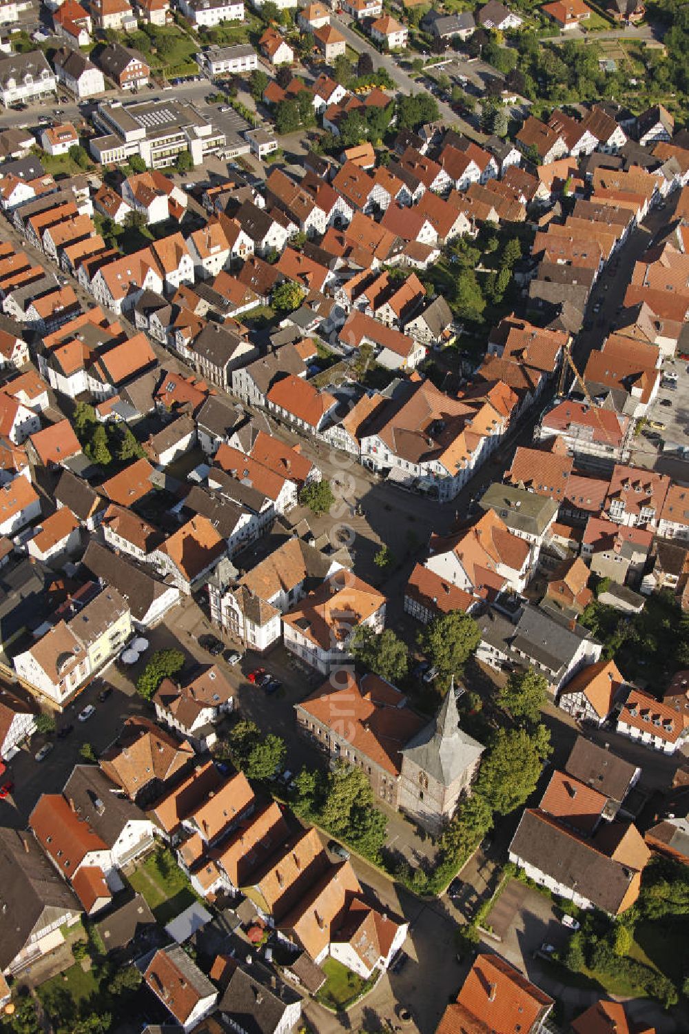 Aerial image Blomberg - The inner city of Blomberg in North Rhine-Westphalia with the belfry of the Martini church, that was teared off