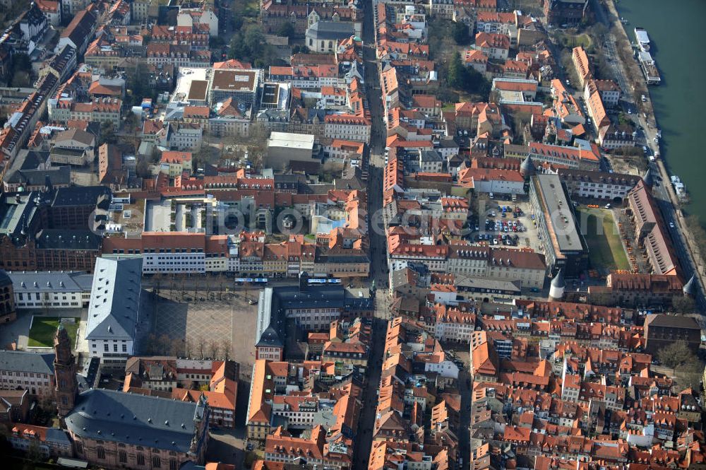 Heidelberg from above - Views of the downtown Heidelberg along the main road to the Palatinate Museum, the forecourt and the Rector building of the Karl-Ruprecht University, the Royal Stables and the seminary building of Ancient History and Epigraphy