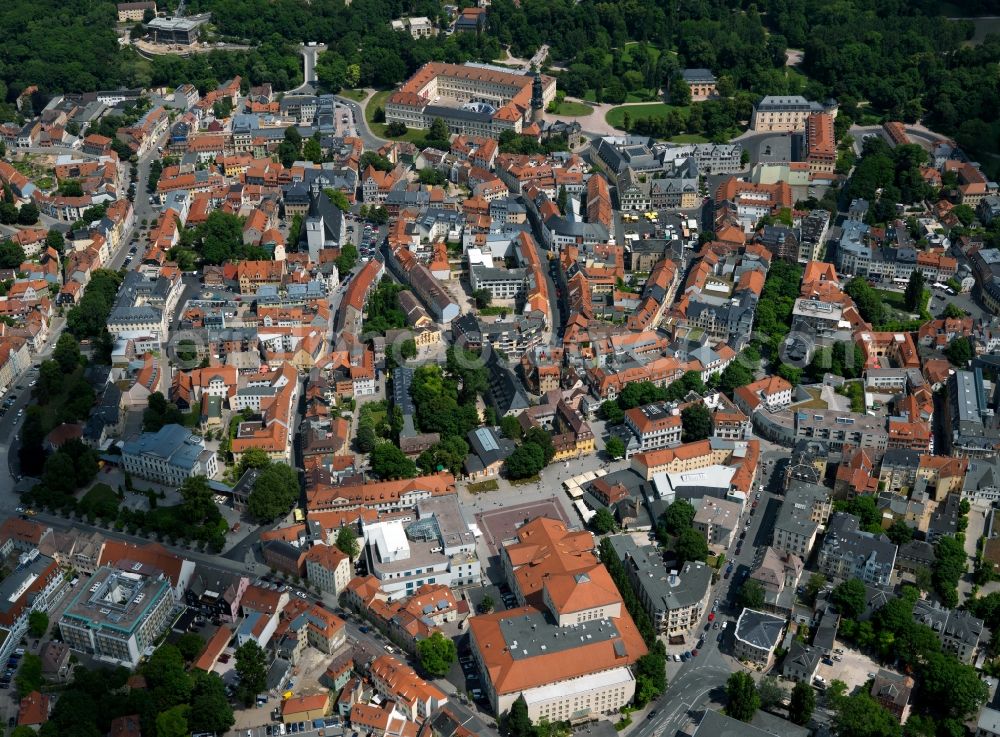 Aerial image Weimar - The city center of Weimar in the state of Thuringia. Weimar is a district-less town, famous for its cultural and arts history. In its center there is the German National Theatre (on the lower edge of the image) and the town castle (in the background). The inner city is located in the East of the urban area, surrounded by forest and parks