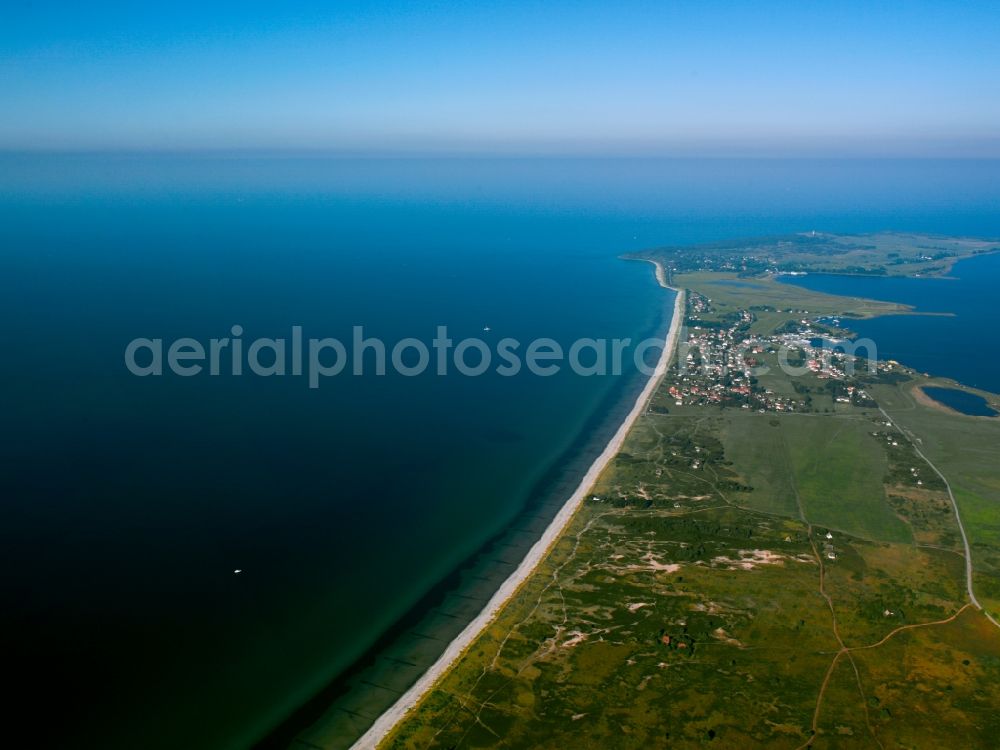 Aerial image Insel Hiddensee - The island is located west of Hiddensee Rügen in the Baltic Sea. It belongs to the district of Pomerania-Rügen in Mecklenburg-Western Pomerania. The Hiddensee includes the island and its eastern offshore island and one from 2005 to the Official West Ruegen. Hiddensee is the largest island of the National Park Boddenlandscape. On the island there are two nature reserves, the NSG Dünenheide between Neuendorf and Vitte and the NSG Dornbusch in the north