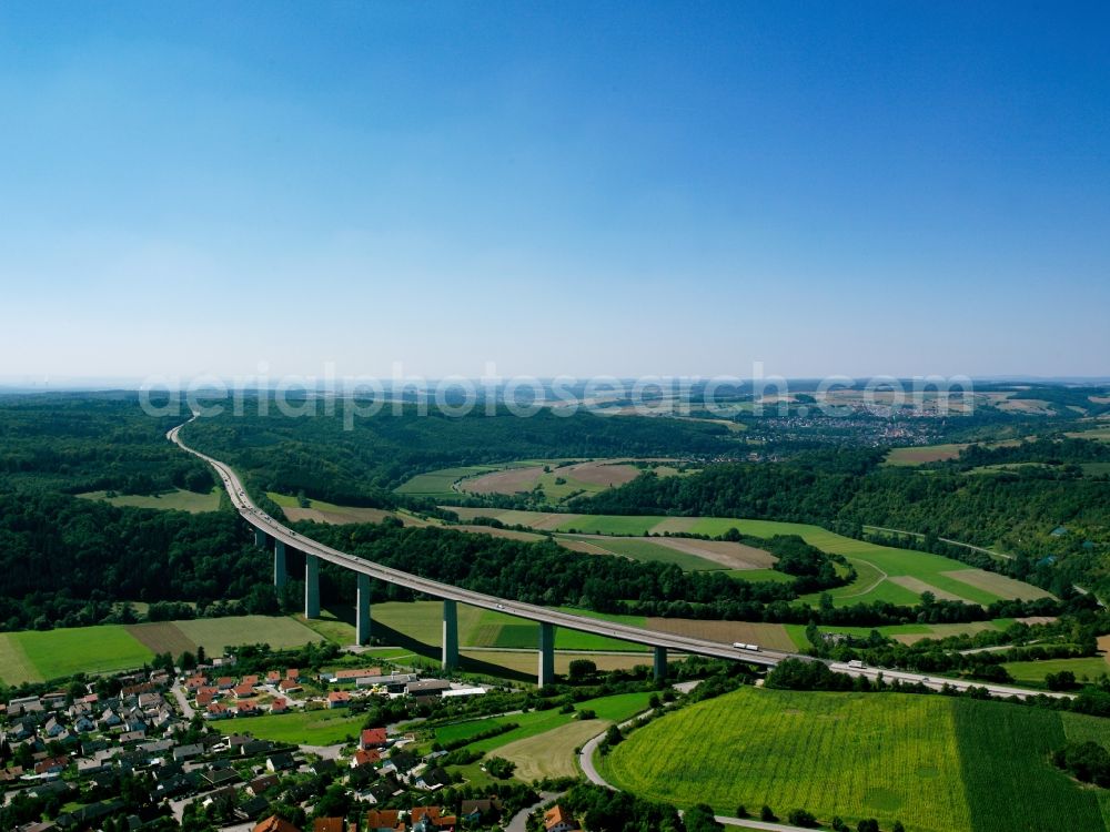 Widdern from above - The Jagsttal Bridge of the Autobahn A81 at Widdern in the state of Baden-Wuerttemberg. The steel box pile bridge is 880m long and 80m high