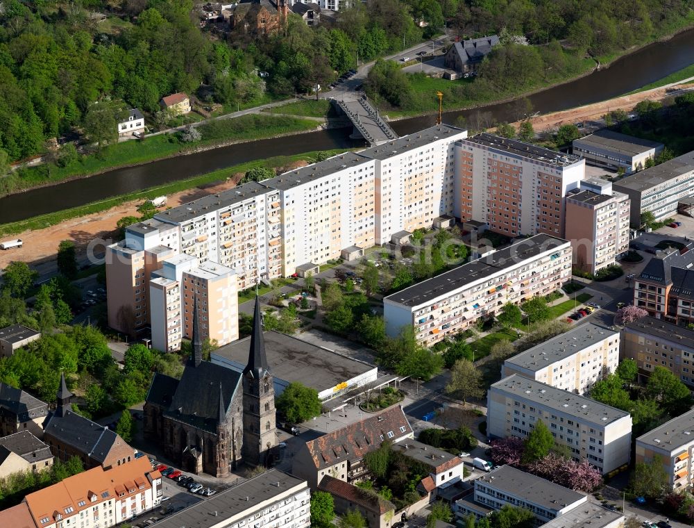 Aerial image Zwickau - The Katharinenkriche located in a development area on the outskirts near the river Mulde. Around the year 1206 the church was built. Its style is late Gothic. In 1520 Thomas Müntzer preached in the Katharinenrirche