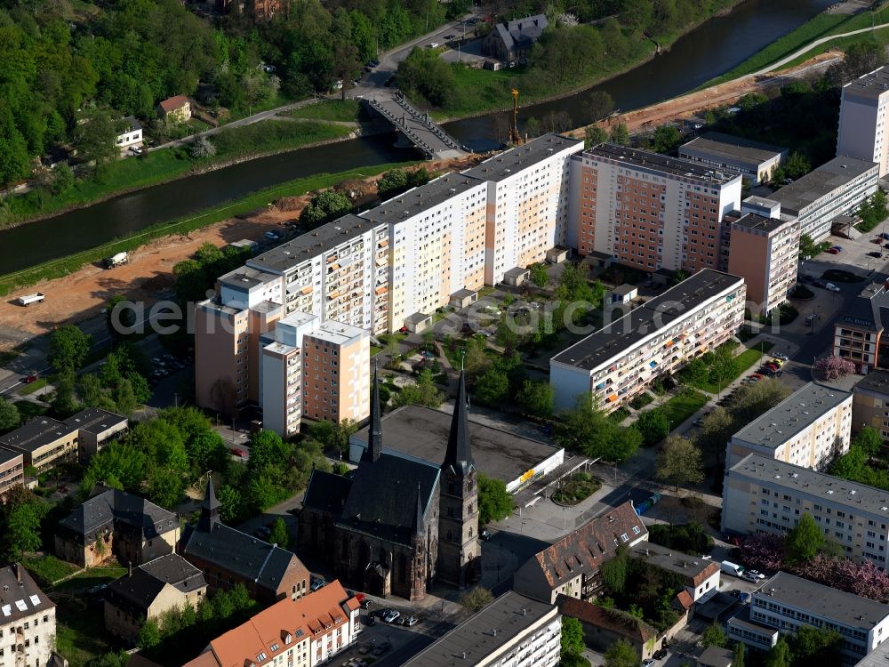 Aerial photograph Zwickau - The Katharinenkriche located in a development area on the outskirts near the river Mulde. Around the year 1206 the church was built. Its style is late Gothic. In 1520 Thomas Müntzer preached in the Katharinenrirche