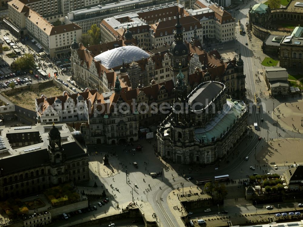 Aerial image Dresden - The Catholic Court Church in Dresden, since 1980, Cathedral of the Holy Trinity is the cathedral of Dresden-Meissen Diocese and a parish church in Dresden. The Catholic Cathedral was built by Elector Friedrich August II of Saxony, by Gaetano Chiaveri 1739-1755 in the Baroque style