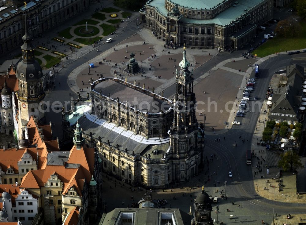 Aerial image Dresden - The Catholic Court Church in Dresden, since 1980, Cathedral of the Holy Trinity is the cathedral of Dresden-Meissen Diocese and a parish church in Dresden. The Catholic Cathedral was built by Elector Friedrich August II of Saxony, by Gaetano Chiaveri 1739-1755 in the Baroque style