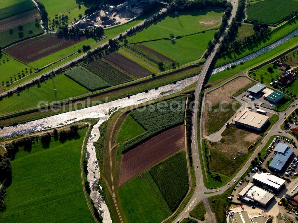 Aerial photograph Biberach - The river Kinzig in Biberach in the state of Baden-Württemberg. Biberach is a renowned recreational site. The regulated river runs through a valley past Biberach and other towns and counties. The surrounding landscape is informed by fields, agricultures and foothills of the Black Forest