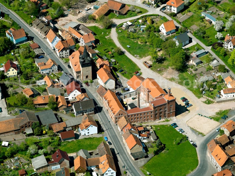 Berka from above - The Church in Berka - Werra is located on the southern outskirts of the city on the high banks of the Werra. The church was built in 1439 consists of the Julius tower with an octagonal dome with four corner towers and the new built in 1616 the nave. The ground floor has a vaulted choir located in the 15th Century. The nave was built in the style of the Renaissance