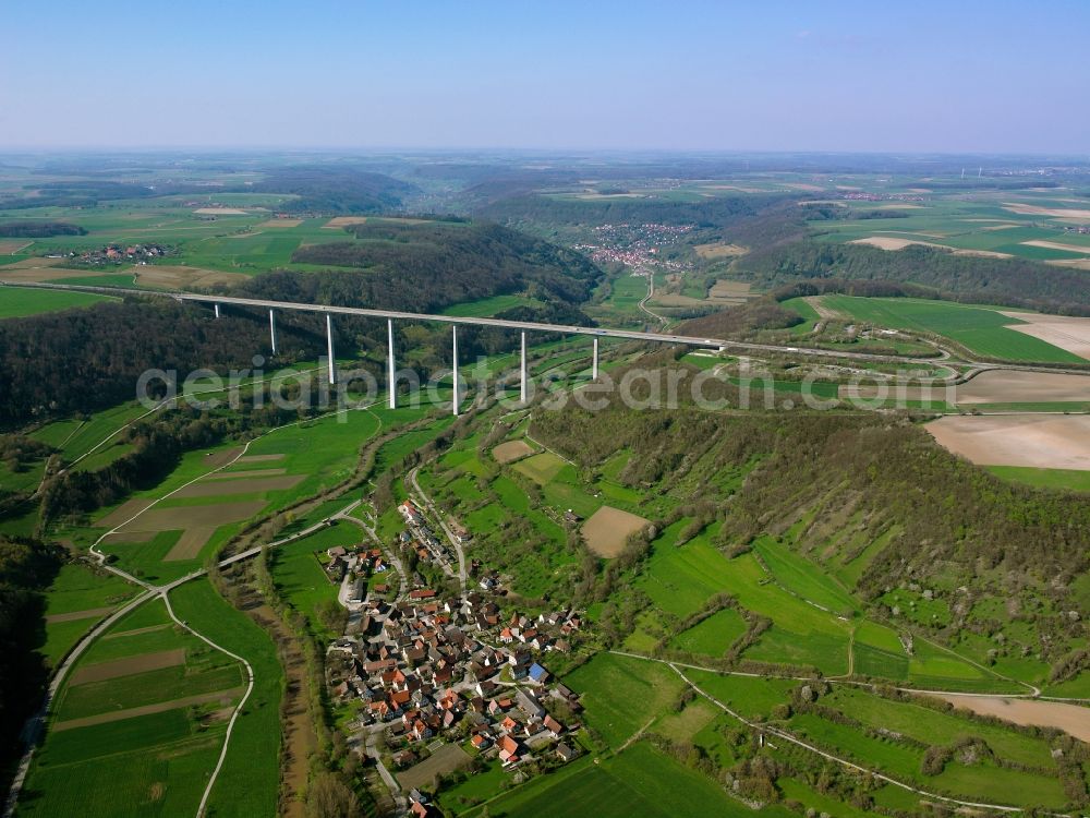 Aerial image Braunsbach - The Kocher Valley Bridge in the borough of Braunsbach in the state of Baden-Württemberg. The bridge is the highest valley bridge in Germany and is located near the Geislingen part of the borough. Its pillars are 178m high and therefore the highest in the world. The federal motorway (Autobahn) A6 crosses the Kocher valley in four lanes over the bridge