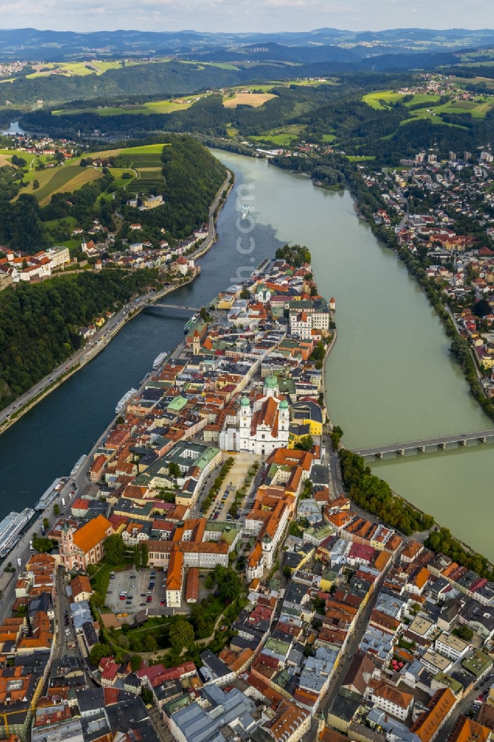 Aerial image Passau - The university town of Passau in the state of Bavaria. Because of the junction of the rivers Ilz, Inn and Danube, Passau is also called Three Rivers Town. Visible here is the pointed peninsula, which is surrounded by the Inn to the South and the Danube to the North. It is the site of the cathedral St. Stephan. The river Ilz joins the other two by running through the Untersolden part of the town