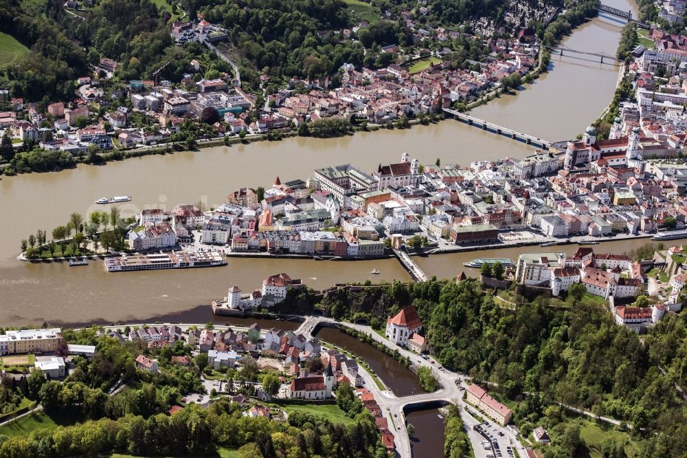 Aerial image Passau - The university town of Passau in the state of Bavaria. Because of the junction of the rivers Ilz, Inn and Danube, Passau is also called Three Rivers Town