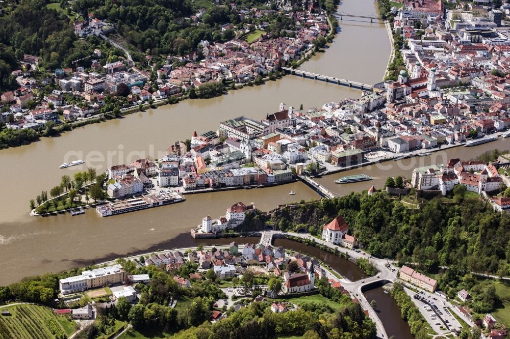 Passau from above - The university town of Passau in the state of Bavaria. Because of the junction of the rivers Ilz, Inn and Danube, Passau is also called Three Rivers Town