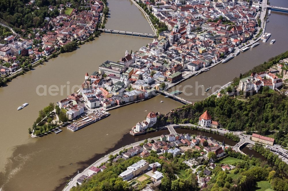 Passau from the bird's eye view: The university town of Passau in the state of Bavaria. Because of the junction of the rivers Ilz, Inn and Danube, Passau is also called Three Rivers Town