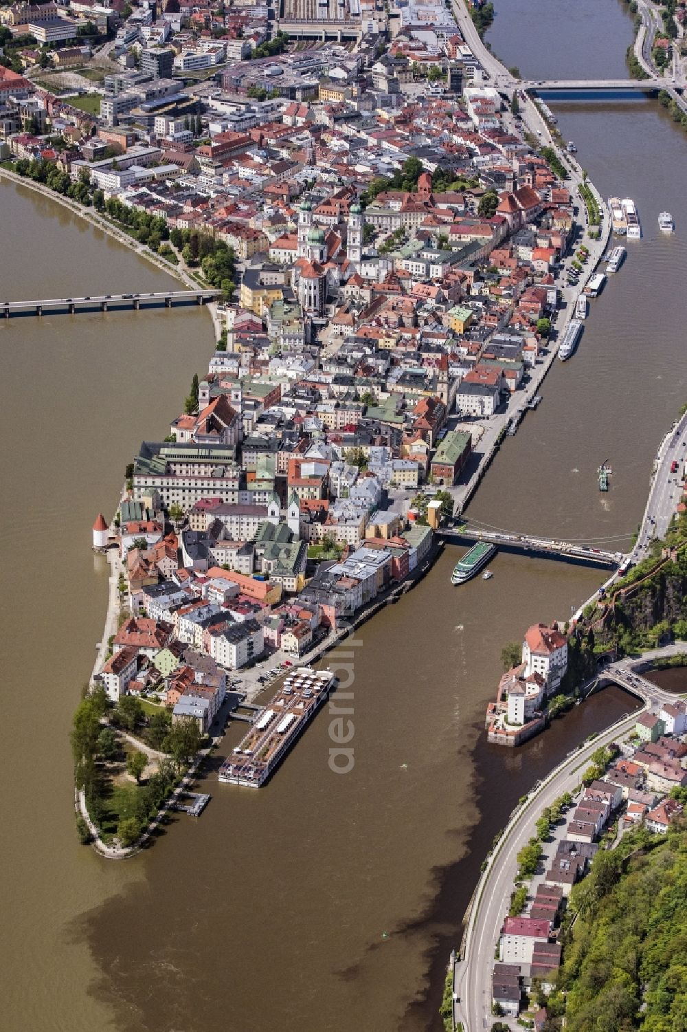 Passau from above - The university town of Passau in the state of Bavaria. Because of the junction of the rivers Ilz, Inn and Danube, Passau is also called Three Rivers Town