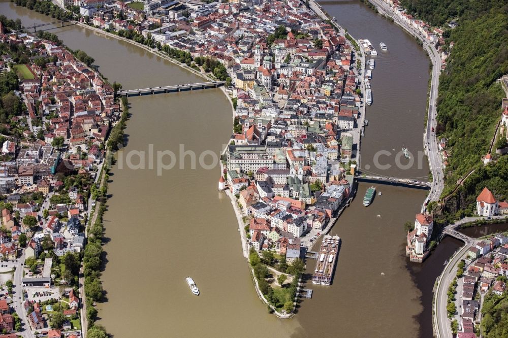 Aerial image Passau - The university town of Passau in the state of Bavaria. Because of the junction of the rivers Ilz, Inn and Danube, Passau is also called Three Rivers Town