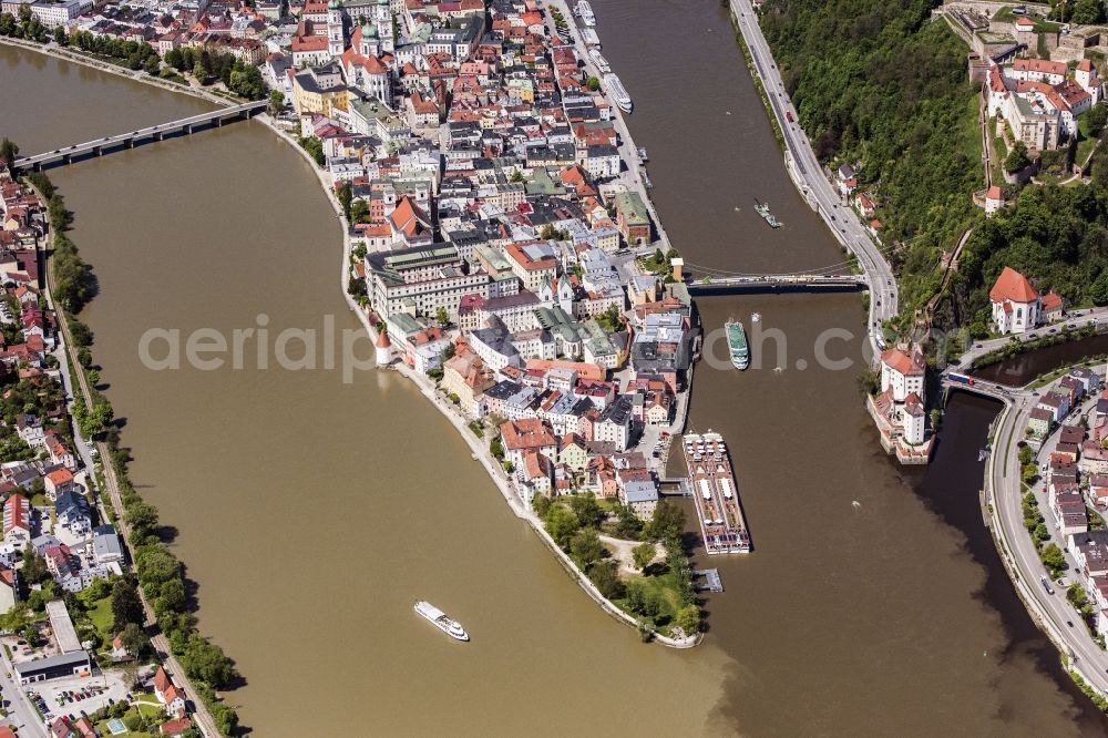 Aerial photograph Passau - The university town of Passau in the state of Bavaria. Because of the junction of the rivers Ilz, Inn and Danube, Passau is also called Three Rivers Town