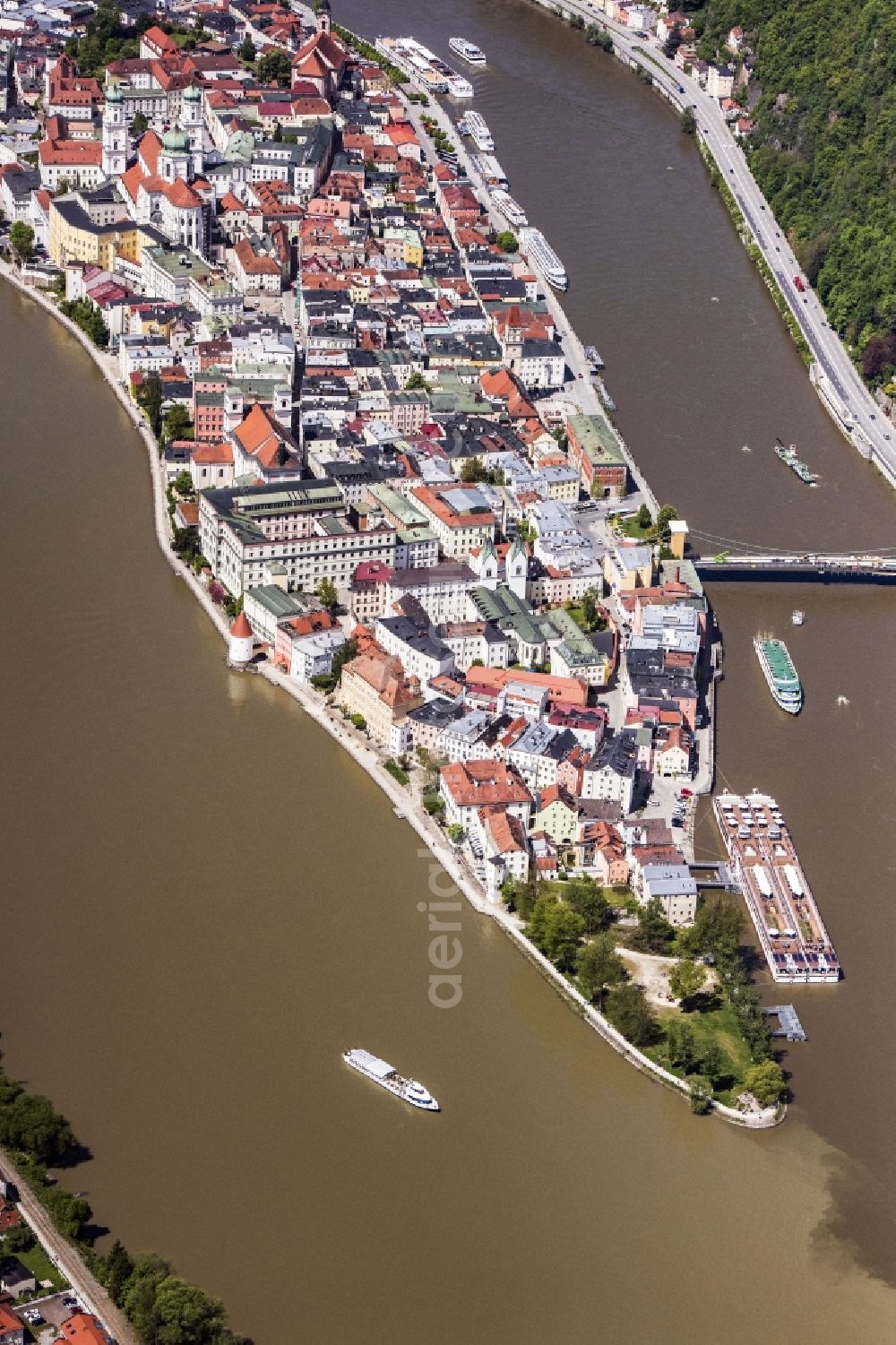 Passau from above - The university town of Passau in the state of Bavaria. Because of the junction of the rivers Ilz, Inn and Danube, Passau is also called Three Rivers Town