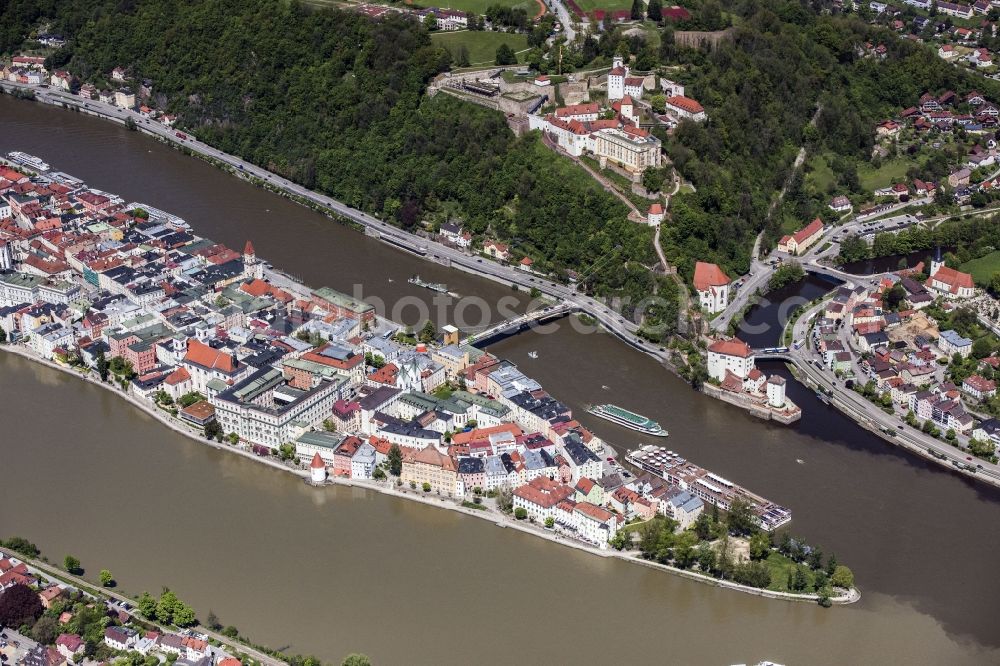 Aerial image Passau - The university town of Passau in the state of Bavaria. Because of the junction of the rivers Ilz, Inn and Danube, Passau is also called Three Rivers Town