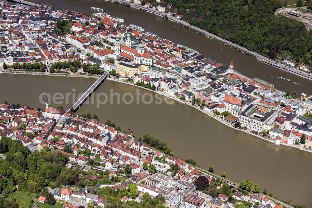 Passau from above - The university town of Passau in the state of Bavaria. Because of the junction of the rivers Ilz, Inn and Danube, Passau is also called Three Rivers Town