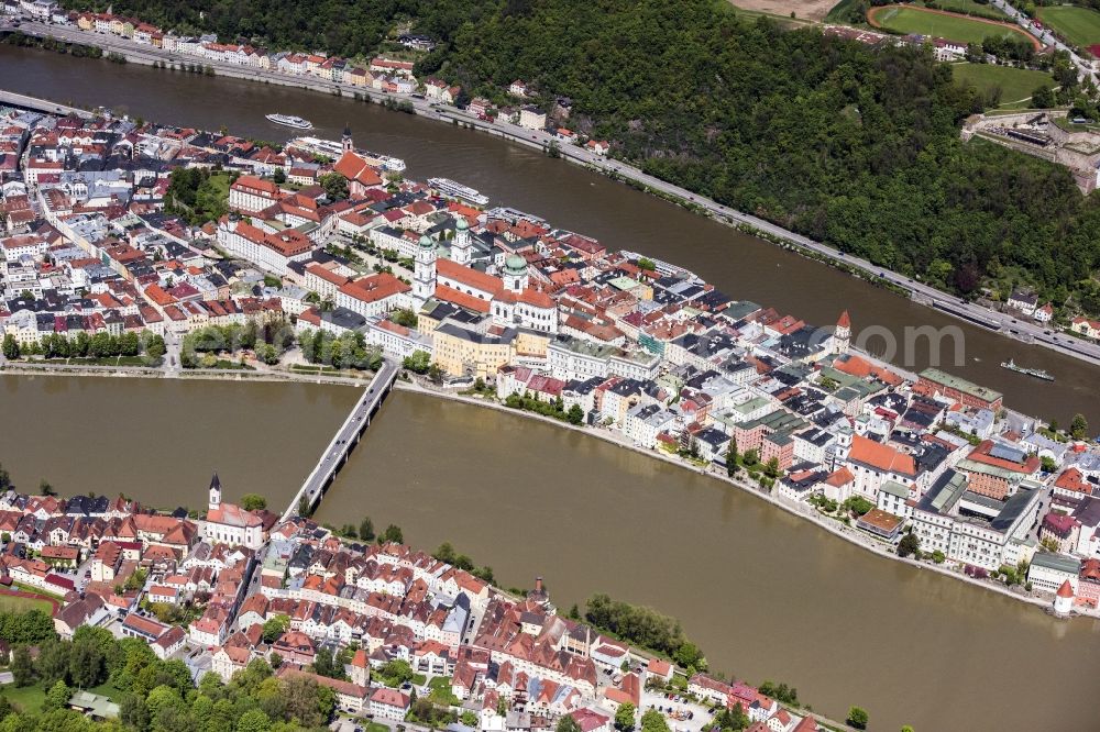 Aerial image Passau - The university town of Passau in the state of Bavaria. Because of the junction of the rivers Ilz, Inn and Danube, Passau is also called Three Rivers Town