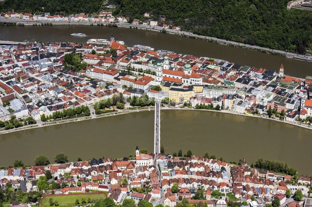 Passau from above - The university town of Passau in the state of Bavaria. Because of the junction of the rivers Ilz, Inn and Danube, Passau is also called Three Rivers Town