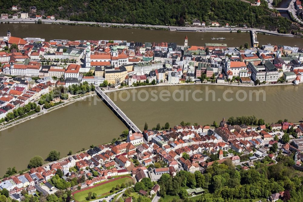 Aerial image Passau - The university town of Passau in the state of Bavaria. Because of the junction of the rivers Ilz, Inn and Danube, Passau is also called Three Rivers Town