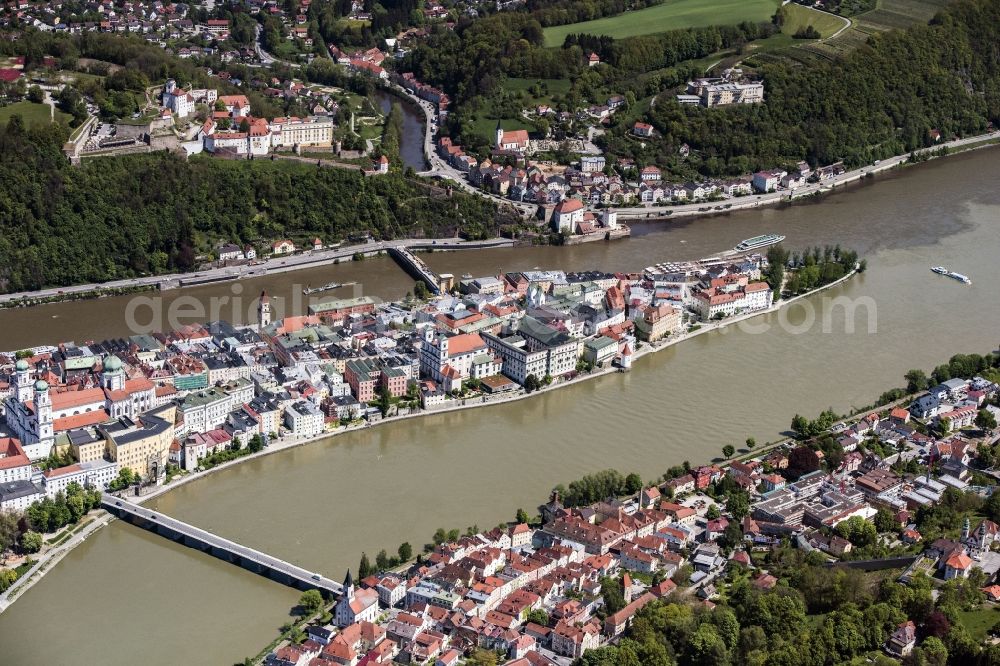 Passau from above - The university town of Passau in the state of Bavaria. Because of the junction of the rivers Ilz, Inn and Danube, Passau is also called Three Rivers Town