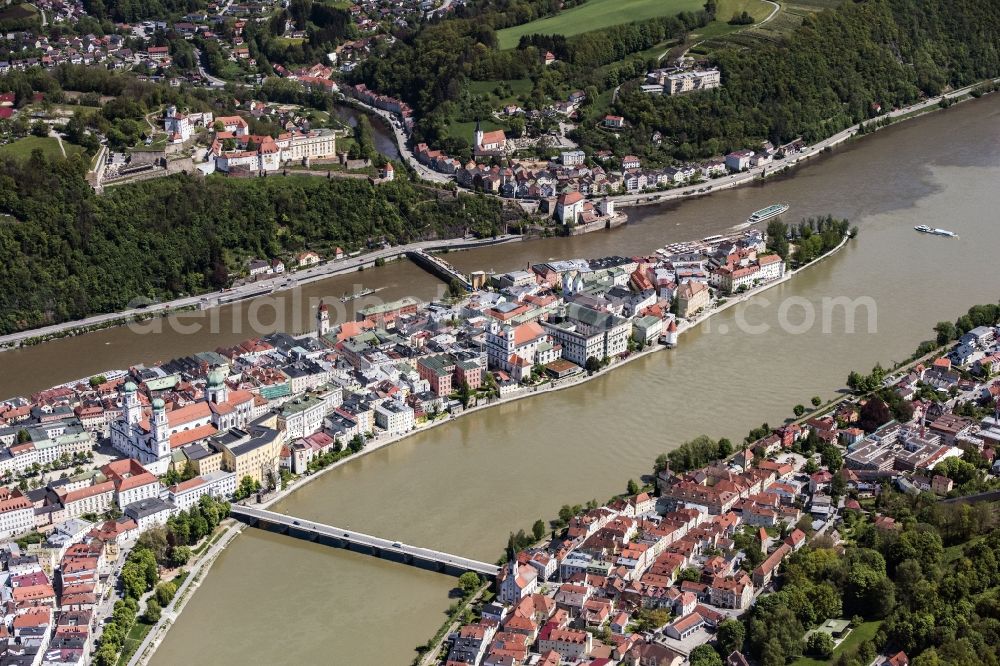 Aerial image Passau - The university town of Passau in the state of Bavaria. Because of the junction of the rivers Ilz, Inn and Danube, Passau is also called Three Rivers Town