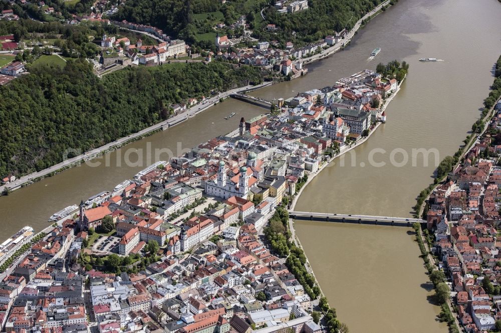 Passau from above - The university town of Passau in the state of Bavaria. Because of the junction of the rivers Ilz, Inn and Danube, Passau is also called Three Rivers Town