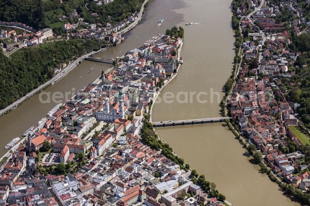 Aerial image Passau - The university town of Passau in the state of Bavaria. Because of the junction of the rivers Ilz, Inn and Danube, Passau is also called Three Rivers Town