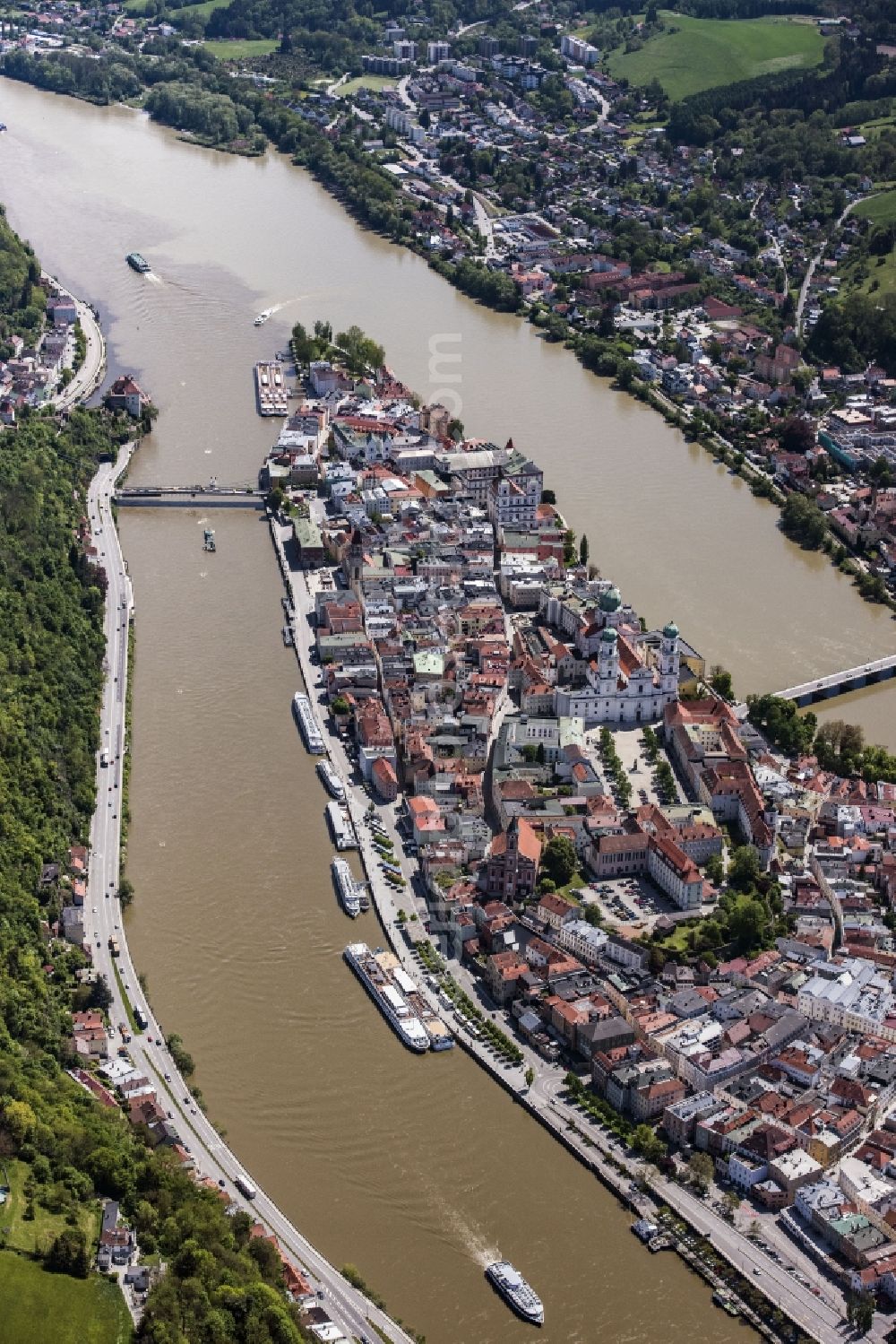 Passau from above - The university town of Passau in the state of Bavaria. Because of the junction of the rivers Ilz, Inn and Danube, Passau is also called Three Rivers Town