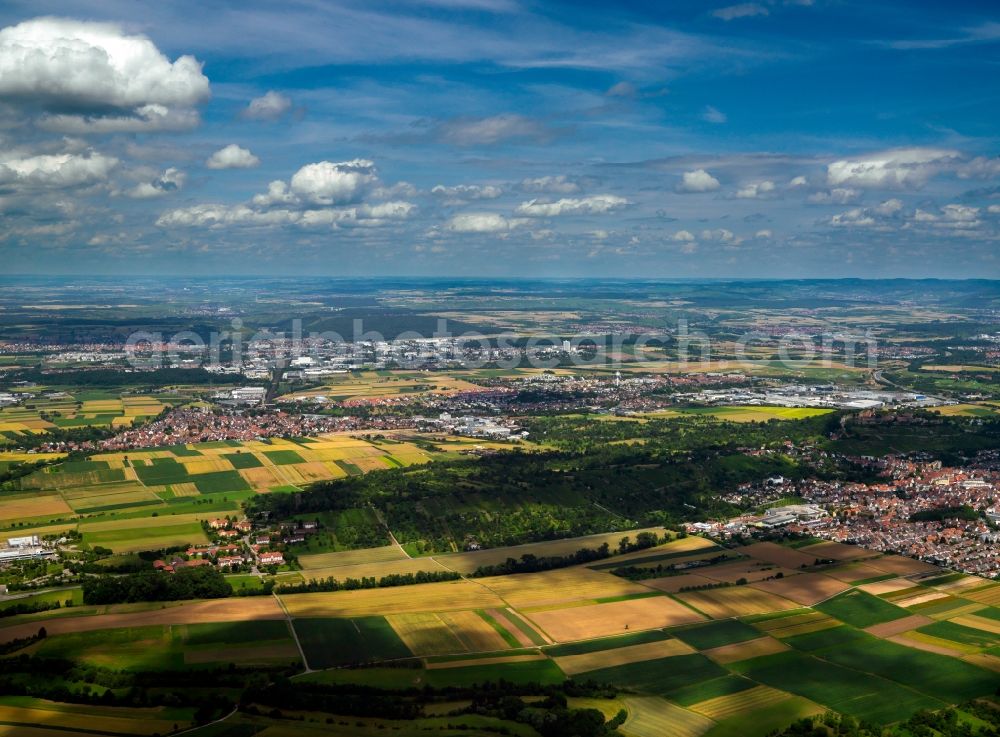 Asperg from the bird's eye view: The landscape surrounding Asperg in the state of Baden-Württemberg. Asperg is located in the Strohgäu and belongs to the county district of Ludwigsburg. The landscape is characterised by agriculture and fields. The town itself with its various parts is known for viniculture