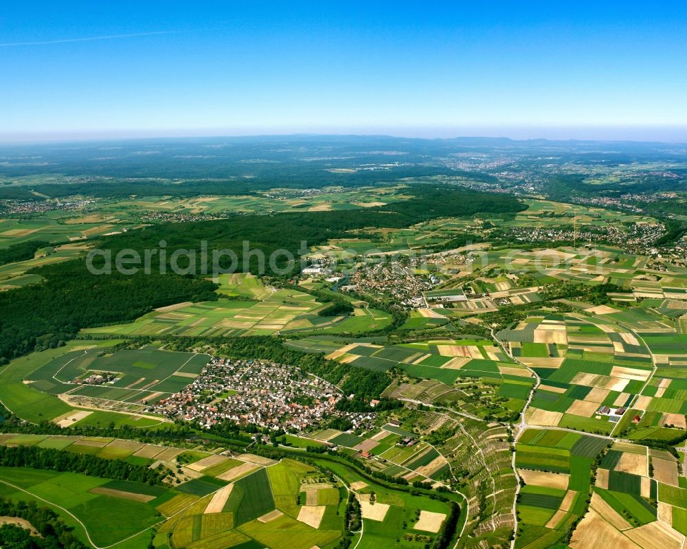 Mühlacker from above - The landscape at the river Enz and the Lomersheim part of the district capital of Mühlacker in the state of Baden-Württemberg. View from the East towards the city of Pforzheim. The landscape is characterised by agricultural fields, small villages and town parts and the river, which runs in narrow curves through the land