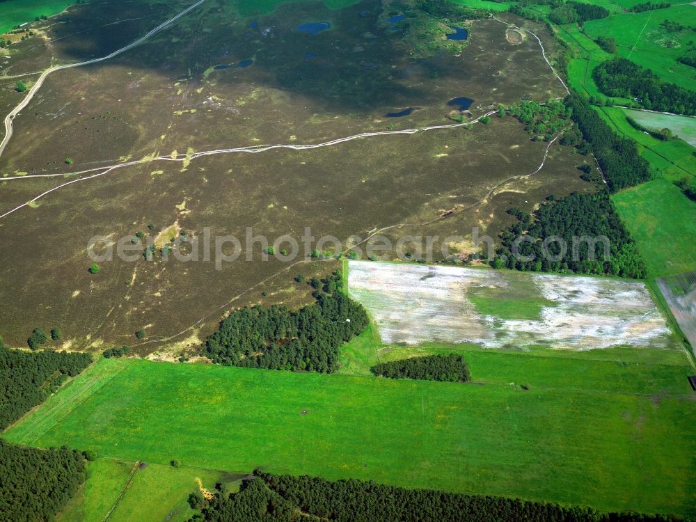 Egestorf from above - Landscape of the Lueneburg Heath in Egestorf in the state of Lower Saxony. The large and flat landscape in the northeast of the state includes moors and heathland. Visible here are the diverse ground structures of the heath's meadows, woods and rocks in the area of the two creeks Radenbach and Wilseder-Bach