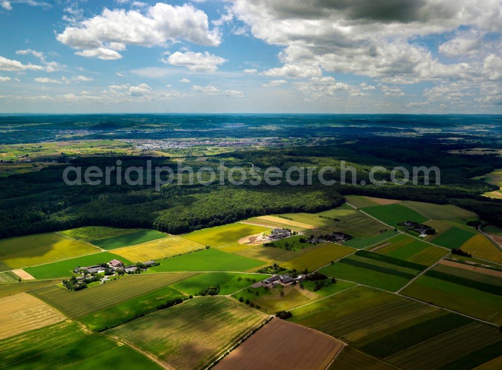 Aerial photograph Markgröningen - The landscape surrounding the town of Markgröningen in the Ludwigsburg district of the state of Baden-Württemberg. The area is also called Strohgäu. Because of its very nutritious earth, it is renowned for its agriculture, such as the cultivation of sugar beets. The earth in the region contains loam. Therefore the region is also called loam flatlands