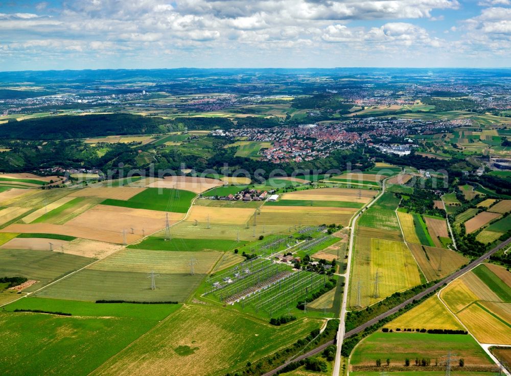 Aerial photograph Markgröningen - The landscape surrounding the town of Markgröningen in the Ludwigsburg district of the state of Baden-Württemberg. The area is also called Strohgäu. Because of its very nutritious earth, it is renowned for its agriculture, such as the cultivation of sugar beets. The earth in the region contains loam. Therefore the region is also called loam flatlands