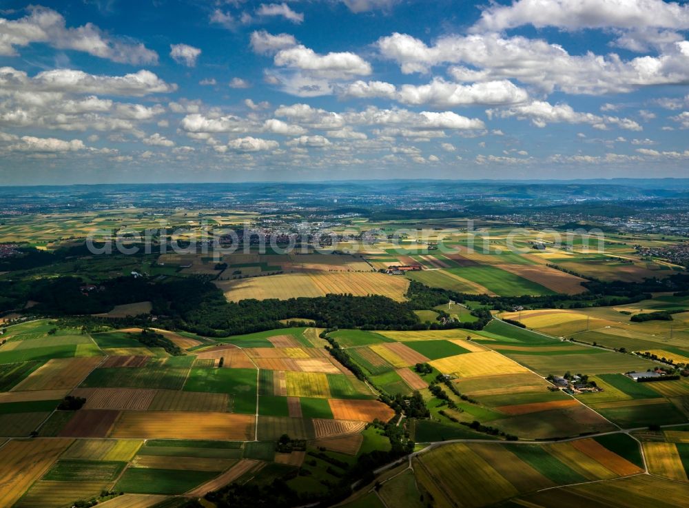 Markgröningen from above - The landscape surrounding the town of Markgröningen in the Ludwigsburg district of the state of Baden-Württemberg. The area is also called Strohgäu. Because of its very nutritious earth, it is renowned for its agriculture, such as the cultivation of sugar beets. The earth in the region contains loam. Therefore the region is also called loam flatlands